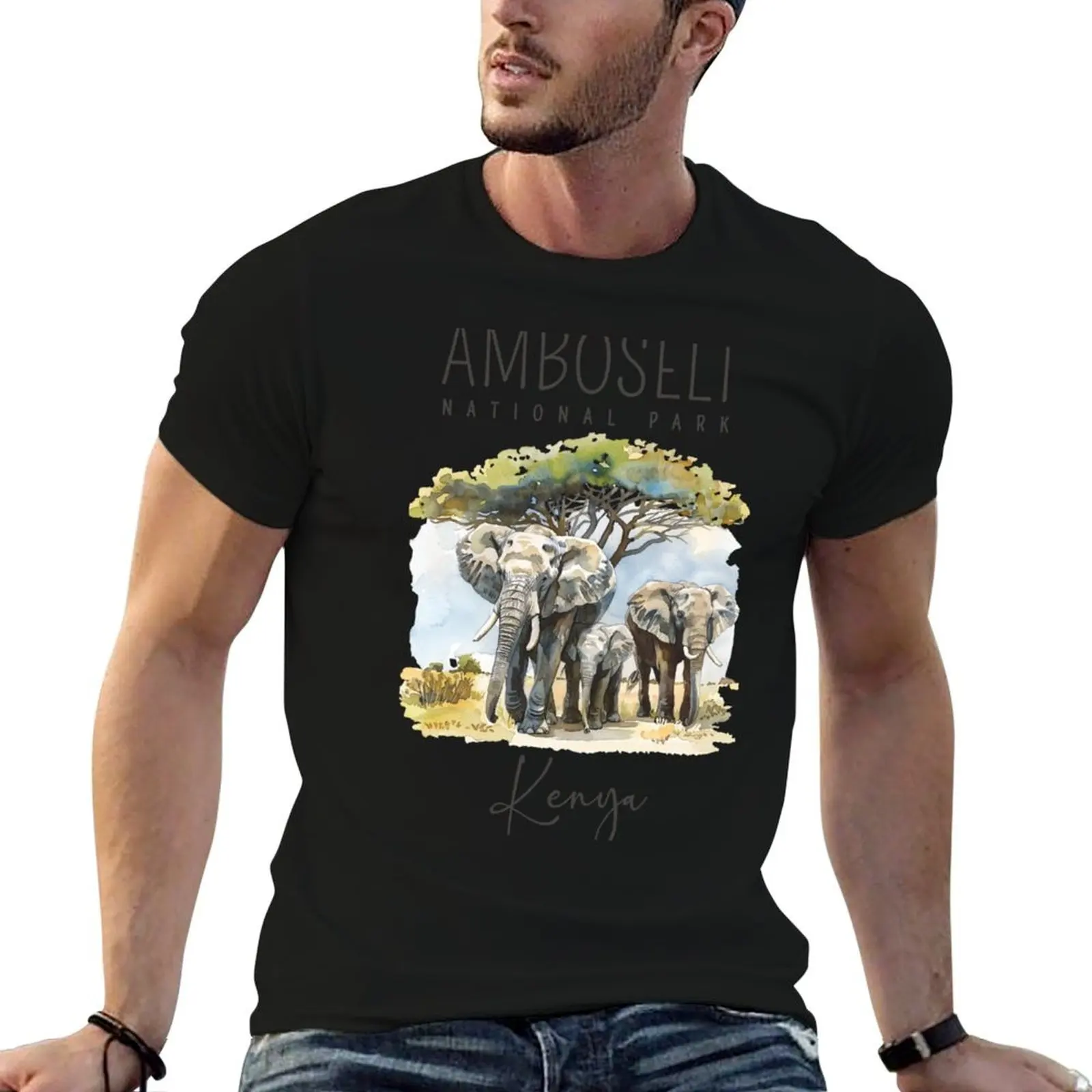 A Watercolor Design of Amboseli National Park - Kenya T-Shirt blue archive aesthetic clothes t shirts for men graphic