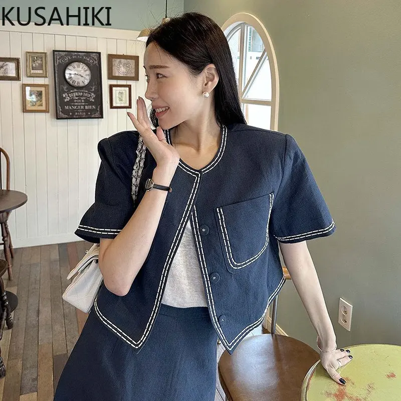 KUSAHIKI Korea Chic Hit Color O-neck Causal Short Sleeve Coat Women 2023 Fashion Elegant Outwear Tops Casacos Femininos Inverno