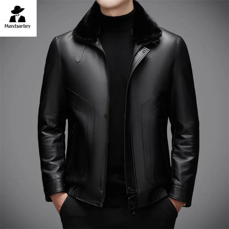 Down Jacket Men's Luxury Leather Jacket Winter High-end Fashion Slim-fit Thickened Detachable Fur PU Leather Coat Male 2024 New