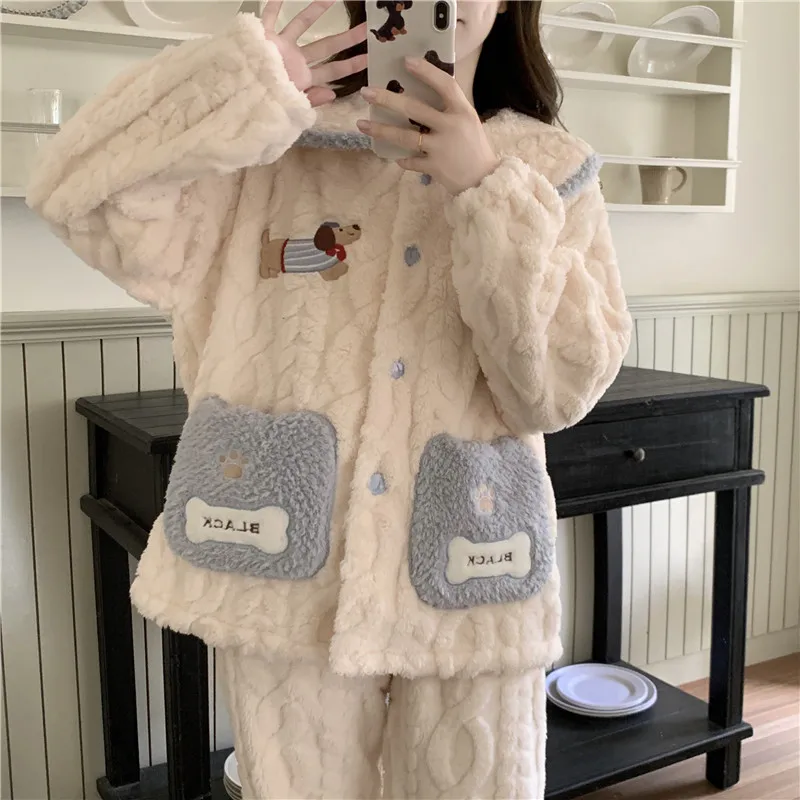 

Girl's Thickened Women's Coral Fleece Pajamas Set Autumn Winter Flannel Home Clothes Long Sleeve Comfortable Sleepcoat Nightgown