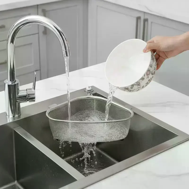 Stainless Steel Sink Triangle Drain Basket Kitchen Residue Filter Vegetable Washing Storage Shelf