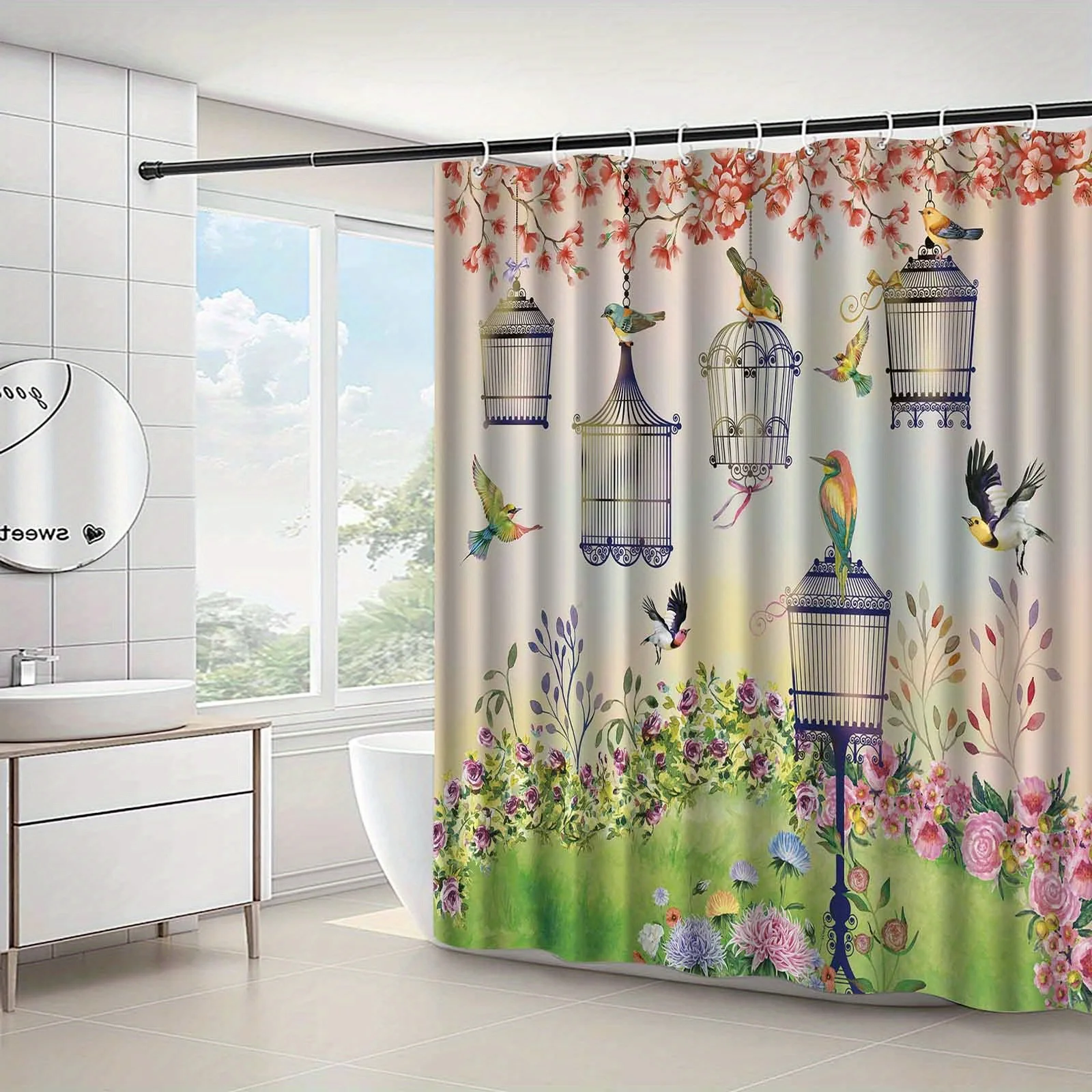 

Elegant Pastoral Birdcage & Floral Shower Curtain, Machine Washable Polyester, Artistic Bathroom Decor, Vibrant Design