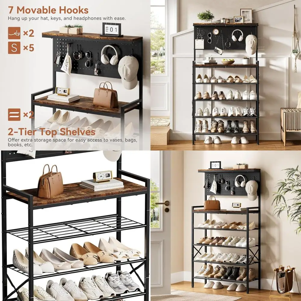 

6-уровневая деревянная полка для обуви с 7 крючками, верхняя полка, вмещает 16–20 пар, коричневый в деревенском стиле, идеально подходит для прихожей, шкафа, общежития