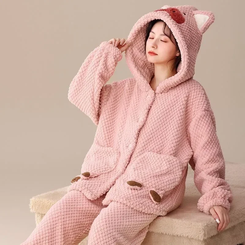 Coral Velvet Pajamas Women Autumn Winter Fleece-lined Thickened Nightclothes Suit Female Flannel Hooded Warm Cartoon Homewear