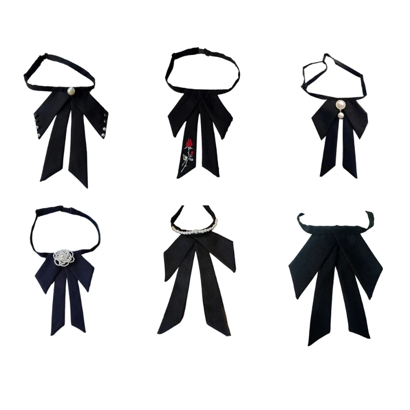 

Women Pearl Long Ribbon Bows Tie Pre-Tied Necktie Jewelry for Shirt Dress Collar