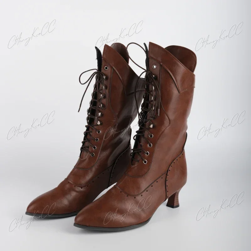 Botas de caballero Retro para mujer, botines medievales de cuero PU, zapatos de tacón alto para Cosplay, Punk, Noble, británico, moda