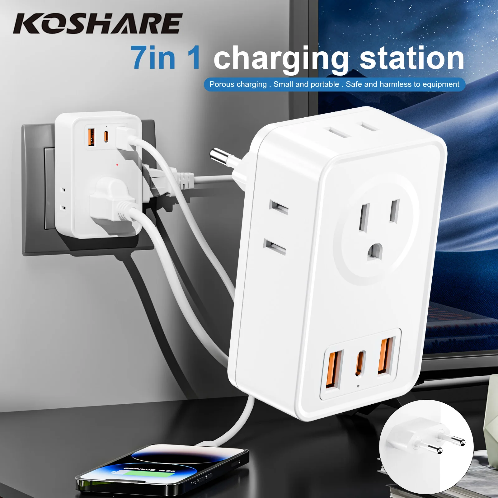 KOSHARE EU Travel Plug Adapter Plug Converter With 4 Ports For US Europe Portable 110V-250V Power Adapter Multifunctional