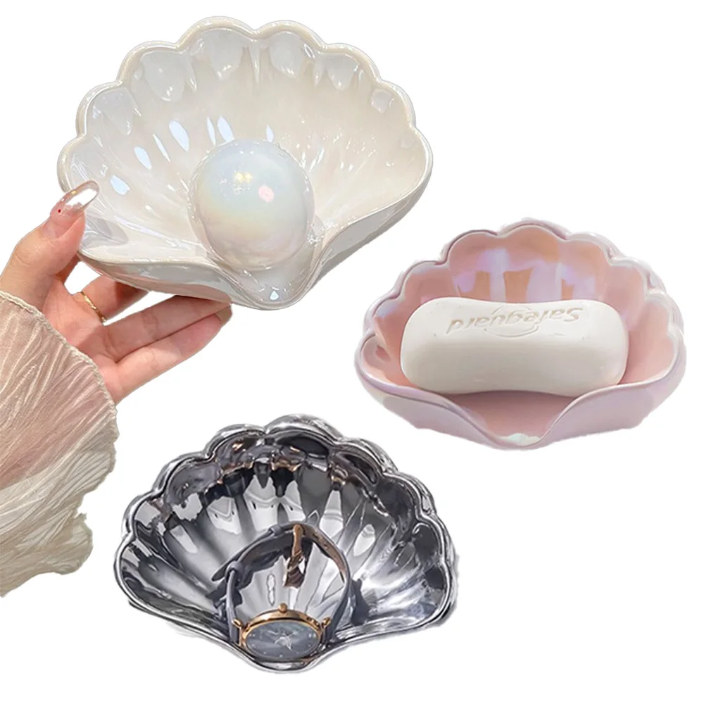 

Ceramic Soap Dish Drainable Soap Holder Jewelry Storage Box Creative Shell Soap Box for Bathrooms