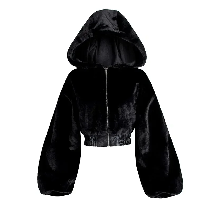 Autumn Winter Faux Rabbit Fur Bomber Teddy Coat Zipper Streetwear High Waist Furry Hooded Plush Jacket Cardigan Fleece Parkas view 2