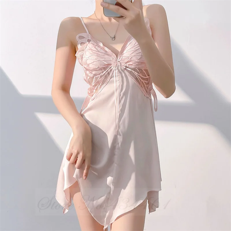 Female Spaghetti Strap Nightgown Intimate Lingerie Sexy Lace Mini Nightgdress Chemise Sleepwear Ackless Ice Silk Skirt Home Wear