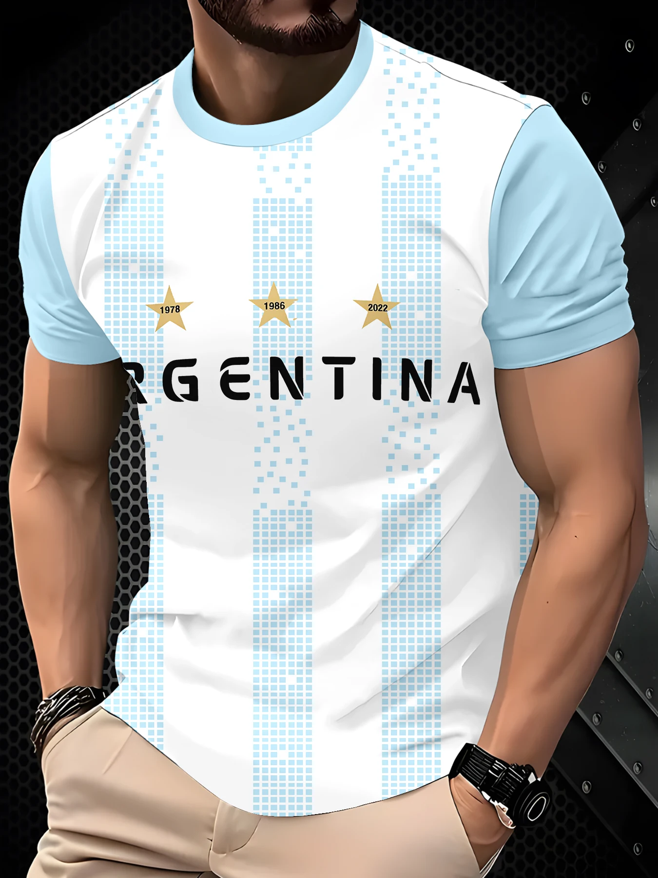 Men Daily Vacation Short Sleeve Tee, Sport Graphic T-Shirt with White Base Light Blue Pixel Vertical Strip Three Stars Year Lett