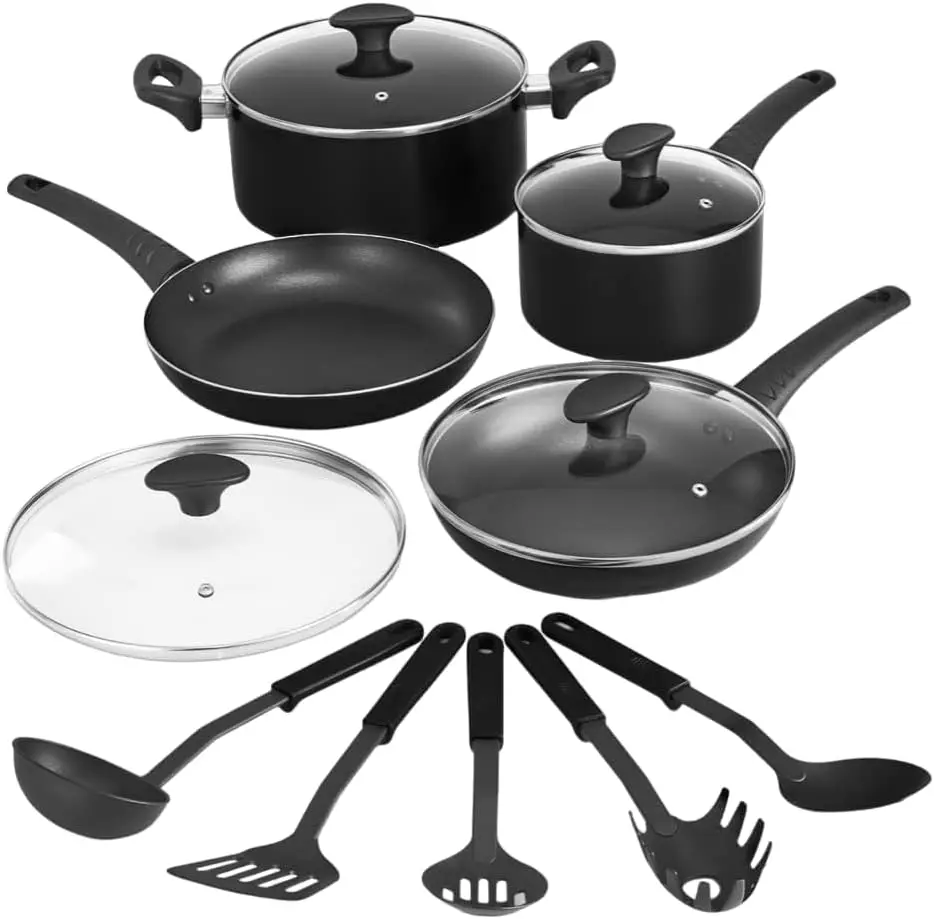 

Cookware Set, 12 Piece Pots and Pans with Utensils, Nonstick PFOA Free Scratch Resistant Cooking Surface Compatible with All Sto