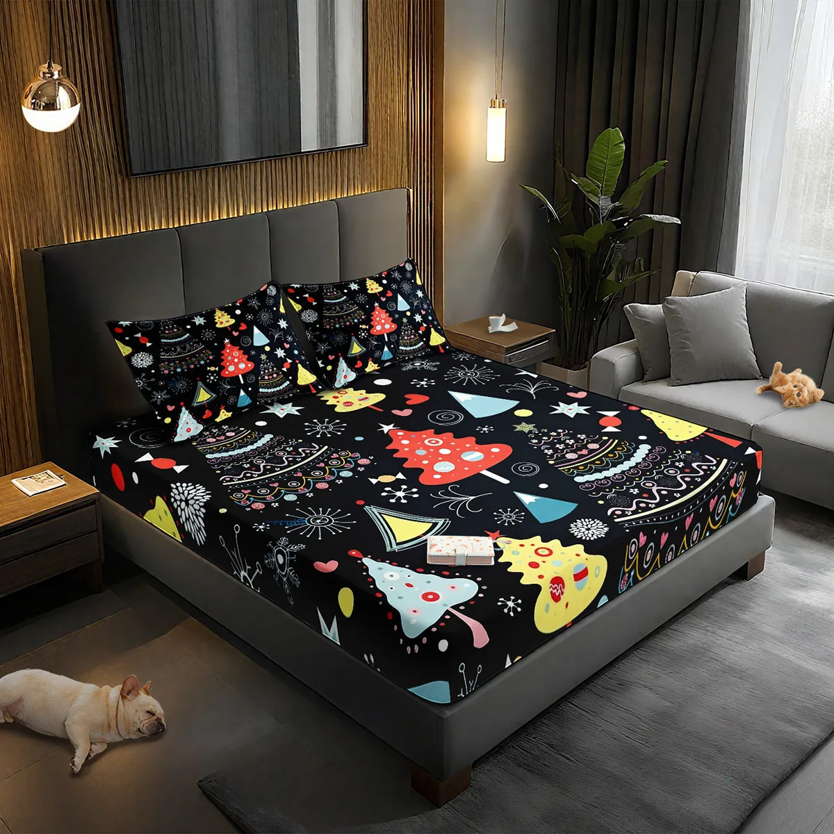2D flat Christmas tree print fitted sheet set, soft and breathable polyester material, three-piece bedding set (includes 1 fitted sheet + 2 pillowcases), 3-piece set, large-capacity deep pocket 2D printed fitted sheet and 2 pillowcases, mattress protector, fitted elastic style, suitable for all seasons, machine washable design, holiday decoration, various sizes, breathable protector with pillowcase