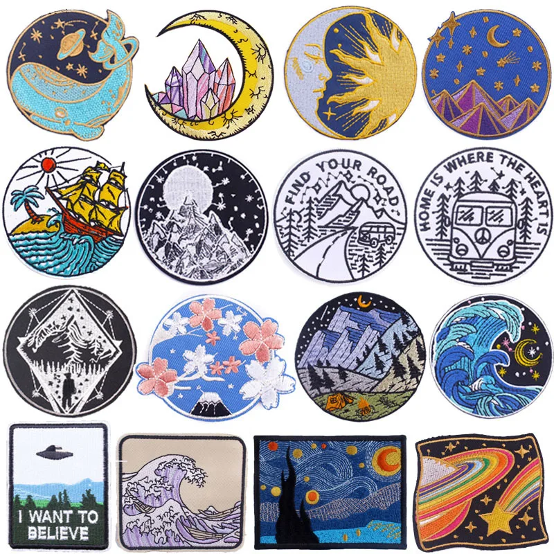 

Cartoon Art Embroidery Patches Mount Fuji Starry Sky Moon Sailboat Iron on Cloth Sticker Chest Badge Clothes Bag Hat Accessories