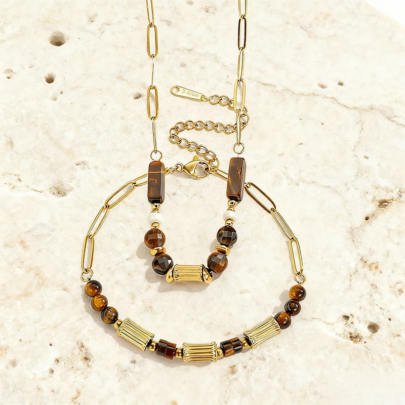 

Retro Temperament Brown Beaded Bracelet Necklace For Women Men Gold Plated Stainless Steel Chain Jewelry Set Birthday Gifts