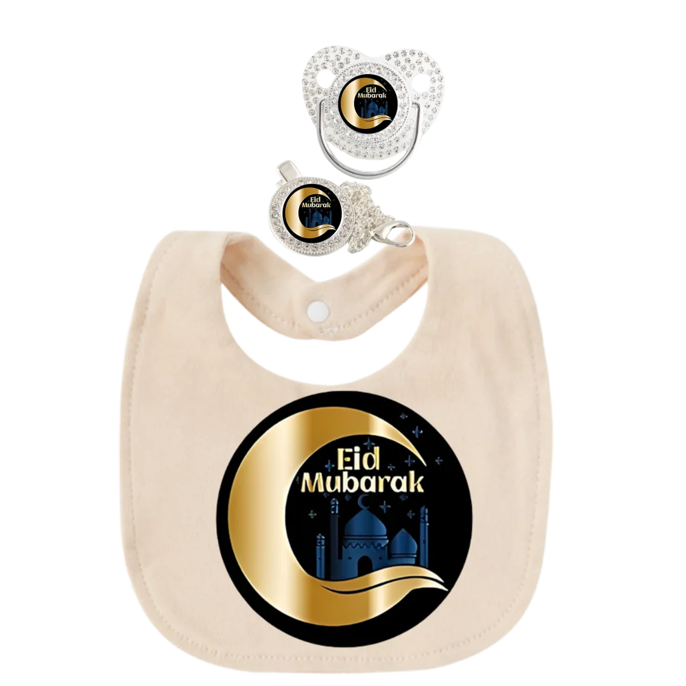 Arabic Calligraphy Newborn Pacifier with Baby Chain Clip Toddler Bandana Bib 3Pcs Set Muslim Print Soother Dummy BPA Free 0-18M