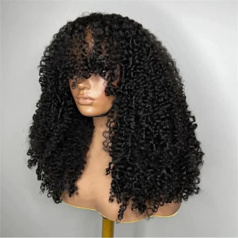 Long Soft Glueless 180Density 26“ Kinky Curly Black Machine Wig with Bangs For Black Women BabyHair Preplucked