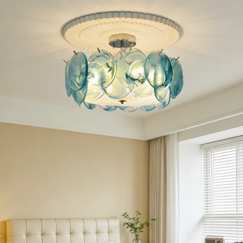 Vintage Murano Glass Chandelier French Retro Flush Mount Colorful Pendant Lamp Blue Pink Green Lampshade for Living Room Bedroom