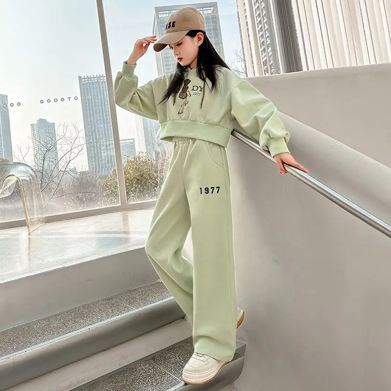 2025 autumn spring teenager kids girl Child set crop top Hooded tracksuit sweatshirt top and bottom wide leg pants 8 12 Year