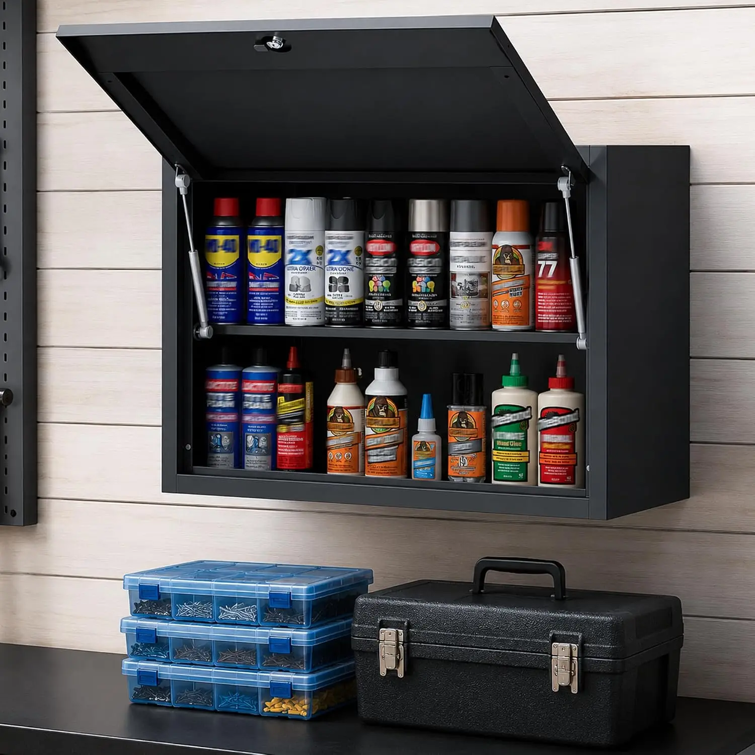 Wall-Mounted Metal Garage Storage Cabinet, Lockable Floating Tool Cabinet | with Flip-Up Doors and Adjustable Shelf, Steel Wall