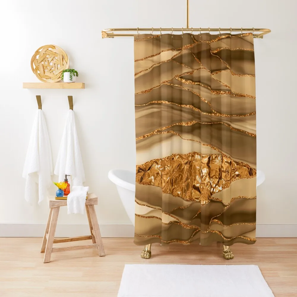

Gold Glamour Faux Marble And Agate Landscapes Shower Curtain Toilet Accessories Bathroom For Shower Funny Shower Curtain