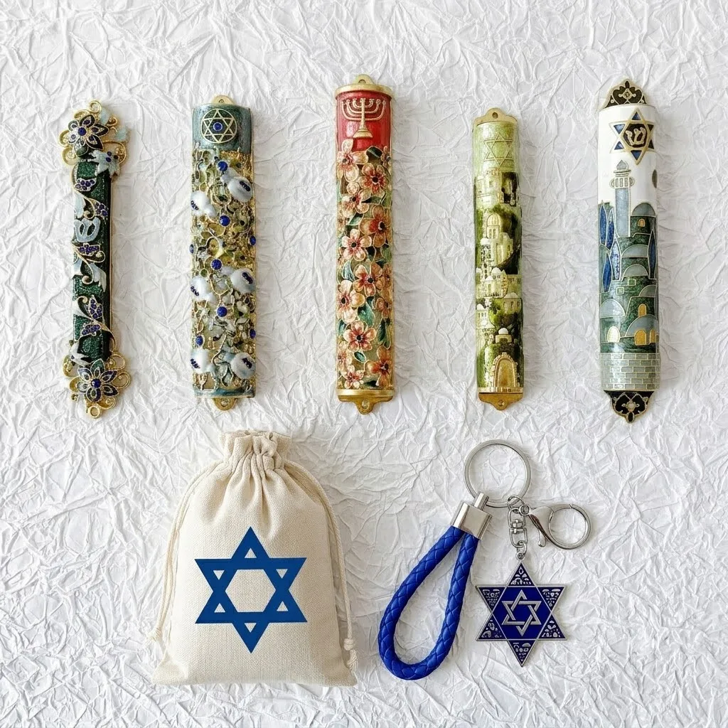 Enamel Metal Mezuzah Case for Door Jerusalem Star of David Menorah Judaica Jewish Car Home Blessing Protection Scroll Decor Gift