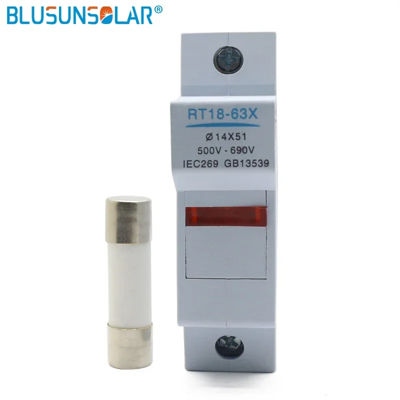 1 Sets PV Solar Fuse 500V-690V AC 14*51mm Fuse, with LED Fuse Holder for Solar System Protection RT18-63X 1P