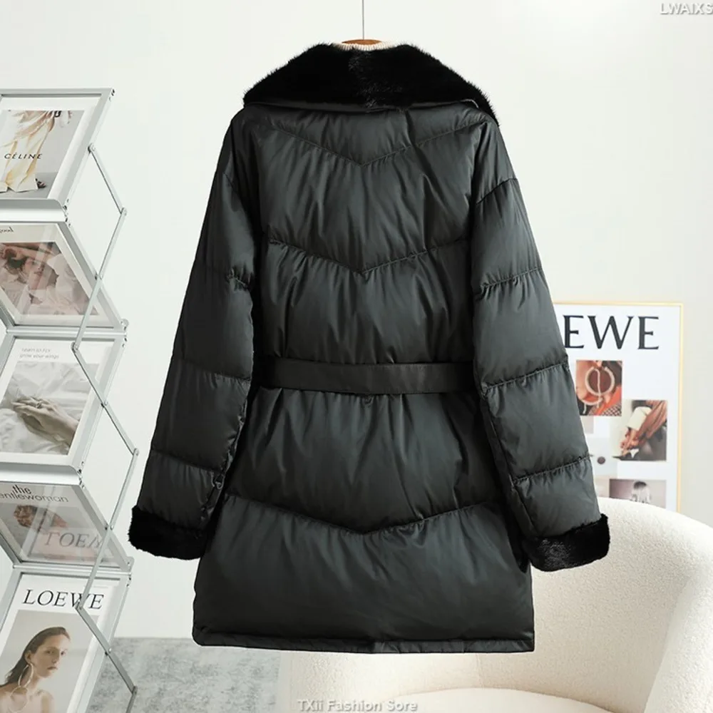 TXii Fashion Luxury Mink Collar Down Jacket With Waist showing slimming down jacket 2023 winter new mid length jacket for women