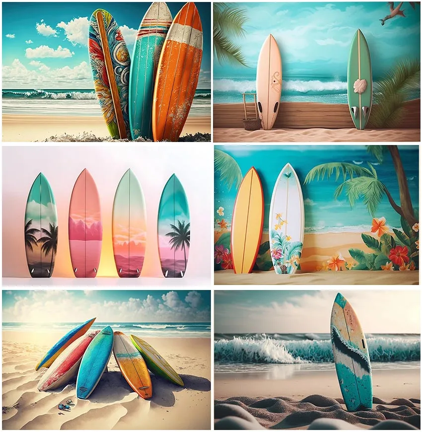 Summer Theme Photography Background Ocean Beach Surfboard Palm Tree Holiday Family Party Seaside Portrait Backdrops Photobooth