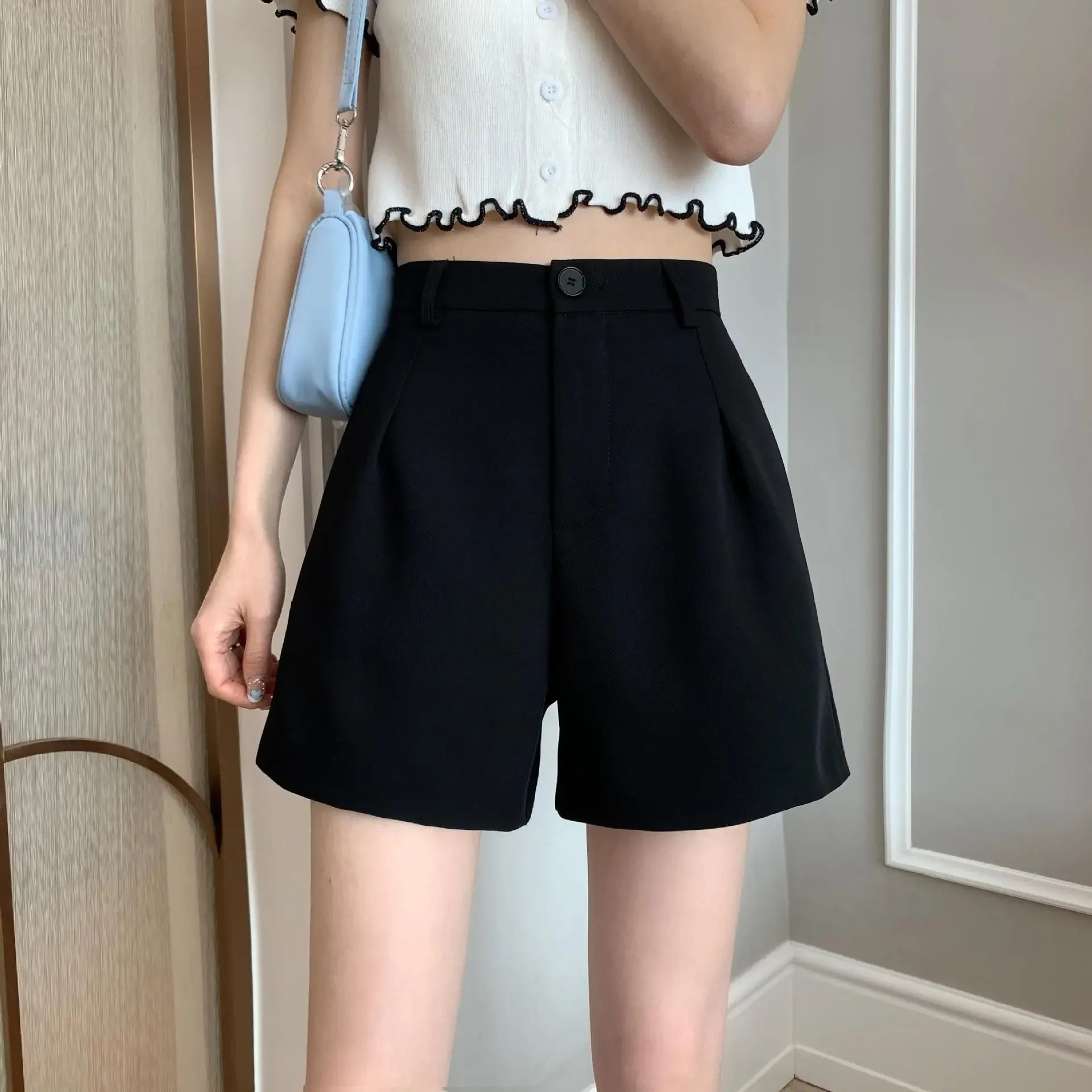 Pantalones Cortos De pierna ancha para Mujer, traje negro, cómodo, línea A, informal, Oficina