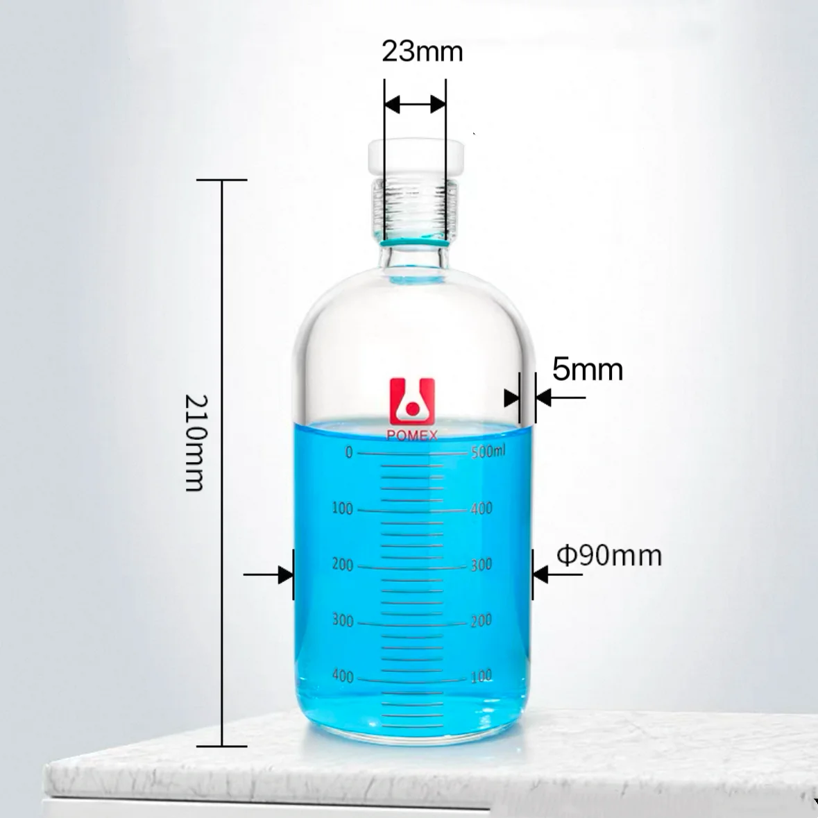 

500mL Thick-Walled Pressure Bottle, Outside Diameter 90mm, Female Thread 23/35mm With PTFE Thread Plug ,Flat Bottom-POMEX