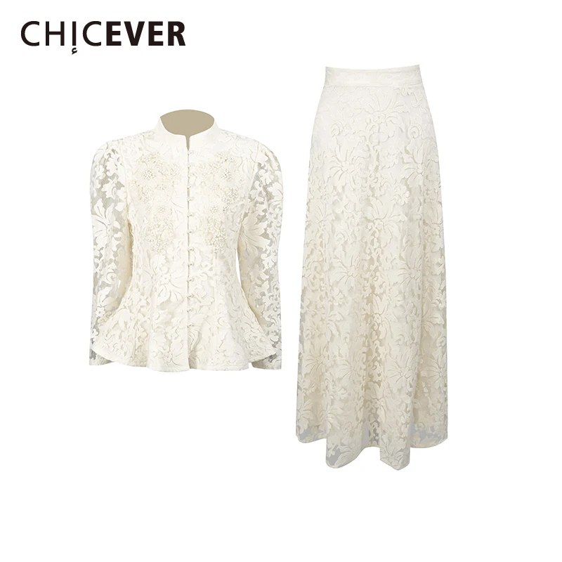 

CHICEVER Elegant Spliced Embroidery Two Piece Sets for Women O Neck Long Sleeves Patchwork Bead Top High Waist Skirt Set Female