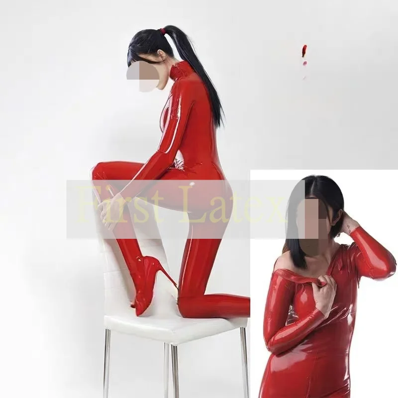 

Handmade Fetish Latex Woman Red Catsuit Shoulder and Crotch Zipper Gummi Rubber Lady's Bodysuit Attach Socks Cosplay Costume