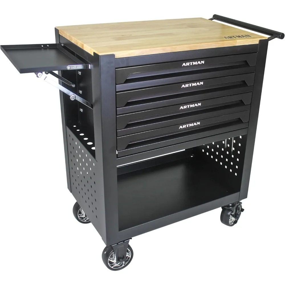 

36" Tool Box with Wheels 4 Drawers Rolling Tool Cart, Wooden Top Workbench, 660lbs Total load Tool Cabinet with Locked Drawers S