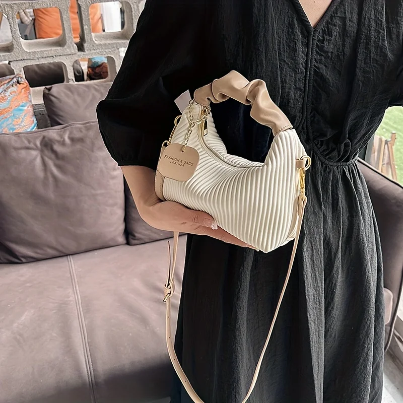 Fashion Pleated Hobo Crossbody Bag, Chic Ruched Top Handle Purse with Detachable Strap Charm, Casual Chic Shoulder Bag for Women