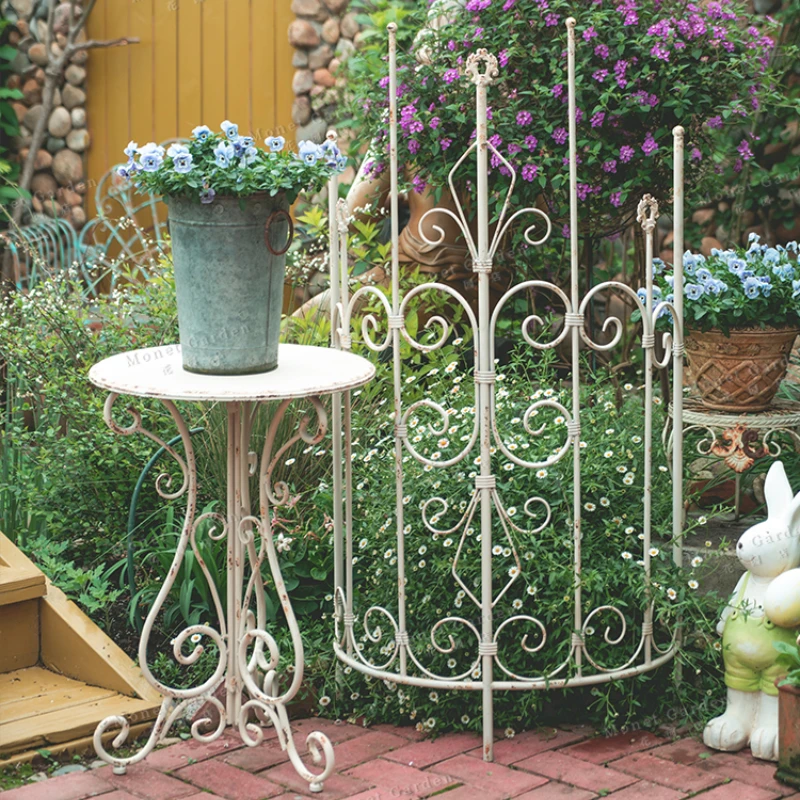 Outdoor Metal Iron Round Side Table Vintage White Finish Rustic Garden Table Decorative Balcony Accent Patio Flower Rack