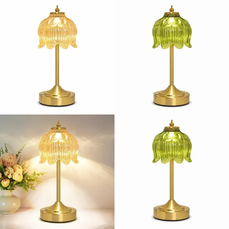New Flexible LED Desk Lamp Crystal Flower Glass Shade Rechargeable Battery Creative Decorative Light for Bedroom Home