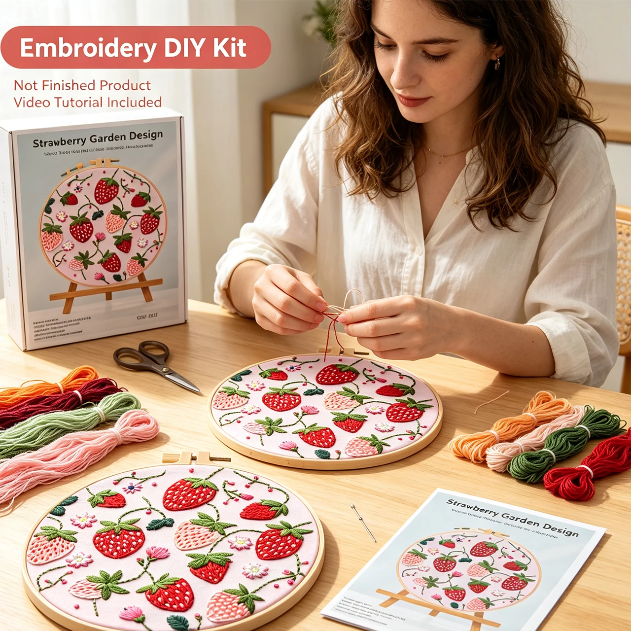 Fresh Strawberry DIY Embroidery Kit - Not a Finished Product, Beginner-Friendly 3D Embroidery Set, Includes Embroidery Hoop, Thread, Needle, and Full Set of Tools. Comes with English Instructions and Tutorials. Easy to Use for Beginners, a Stress-Relieving Handmade Item. Sweet and Instagram-Style Design for Girls. Spring Home Decor for Bedroom and Desktop. Suitable for Mother's Day, Valentine's Day, Birthday, Graduation Season Gifts. Creative Gift for Girls, Best Friends, Classmates. Student-Friendly