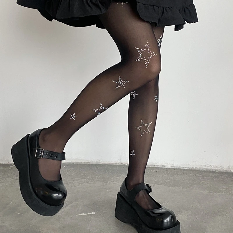 

2025 Fashion Star Rhinestone Fishnet Tights Women Sexy Sheer Pantyhose Thigh High Stockings Office Ladies See-through Leggings