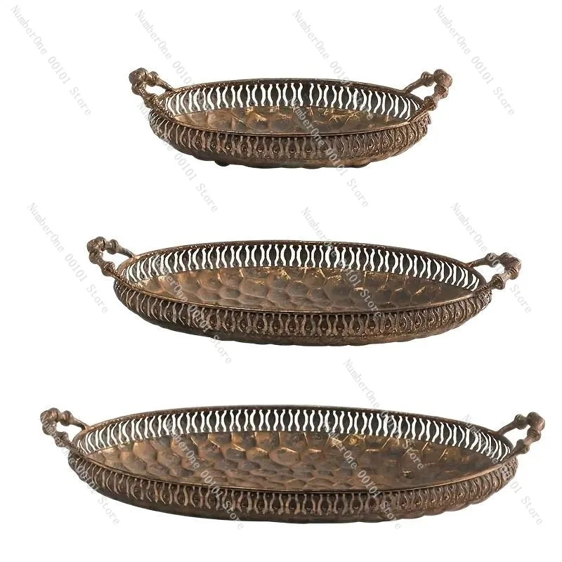 Elegant Vintage Gold Oval Fruit Tray Minimalist Living Room Table Decor Exquisite Embossed Iron Serving Plate with Handles