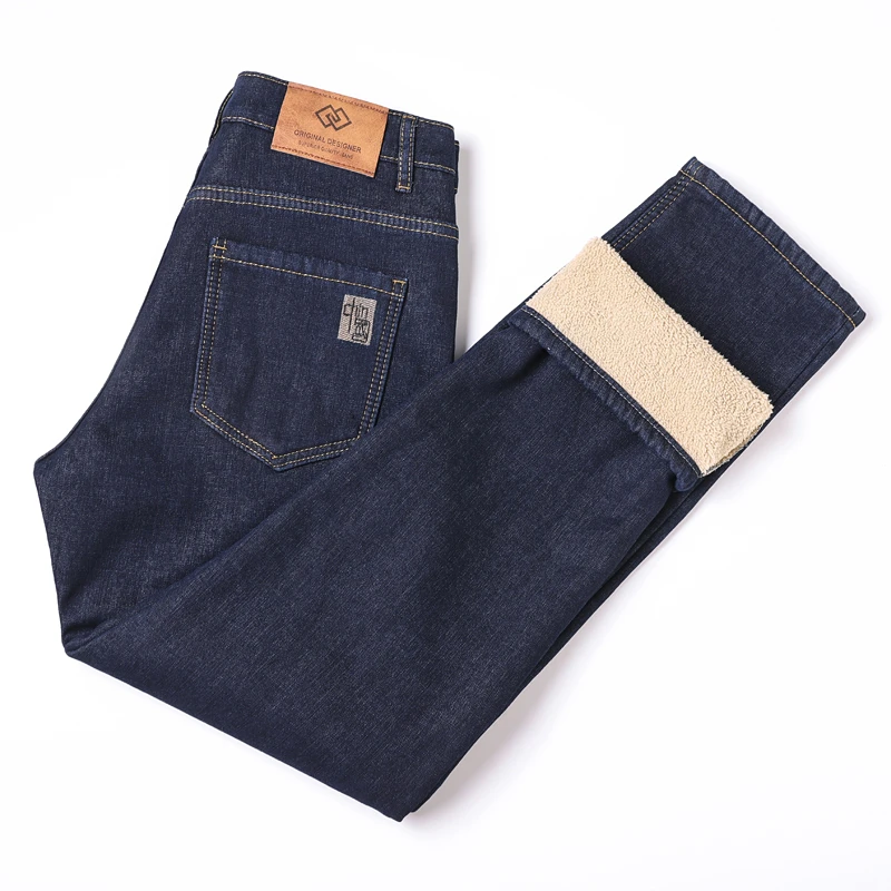 2024 inverno lana di agnello da uomo caldo Jeans Slim Fit Business Fashion addensare pantaloni in Denim pantaloni di marca elasticizzati in pile