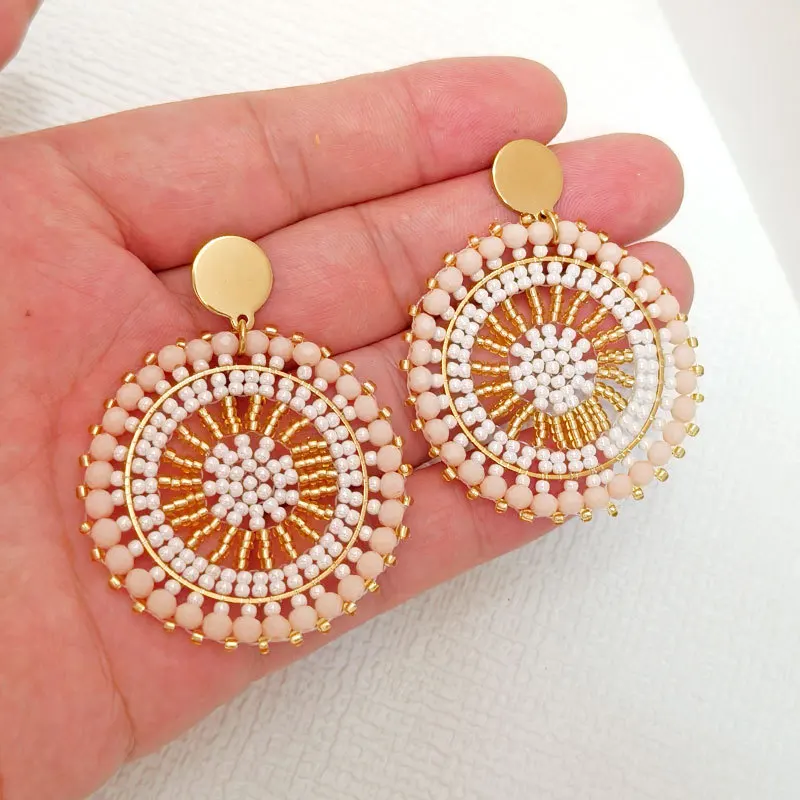 Beaded earrings Sunflower Graph Hollow out Originality Roundness Hand knitting Bohemia Alloy Tide Simple Rice bead earrings