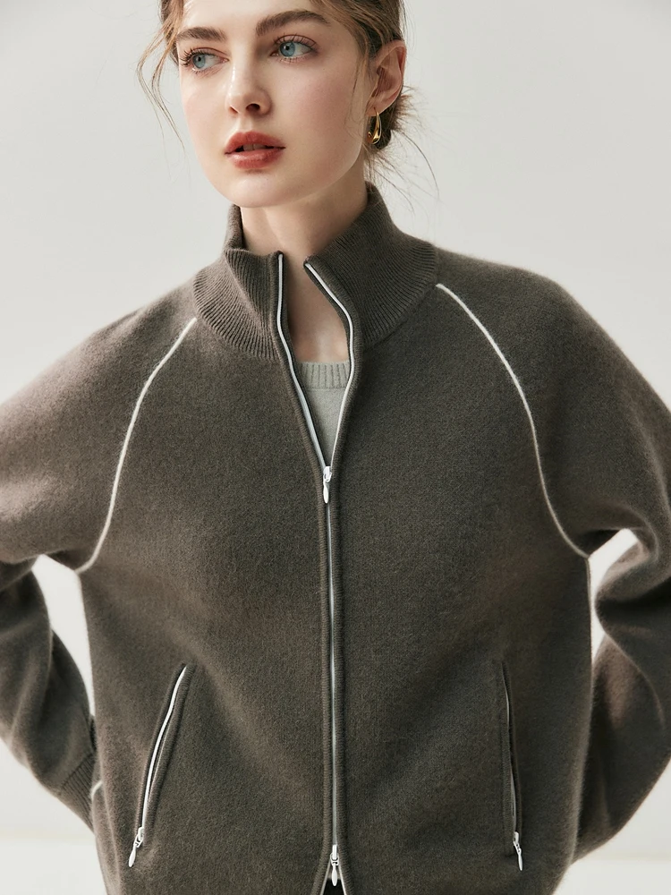 

TLOML осенне-зимний женский повседневный кардиган с толстым воротником и цветными блоками, 100% кашемировый свитер, спортивное двустороннее пальто на молнии