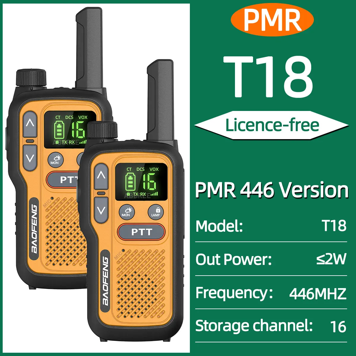 2PCS Baofeng BF-T18 Mini Lange Afstand Walkie Talkie PMR FRS Dual PTT Zaklamp Type-C Oplader VOX NOAA Service voor Camping Jacht