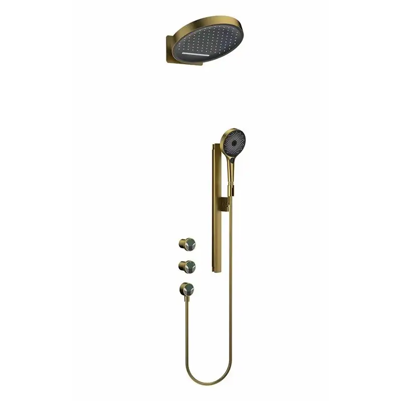 Luxury Brushed Gold Solid Brass Three-Function Concealed Valve Bathroom Shower Set 320mm Oversized Rain Waterfall Shower Head