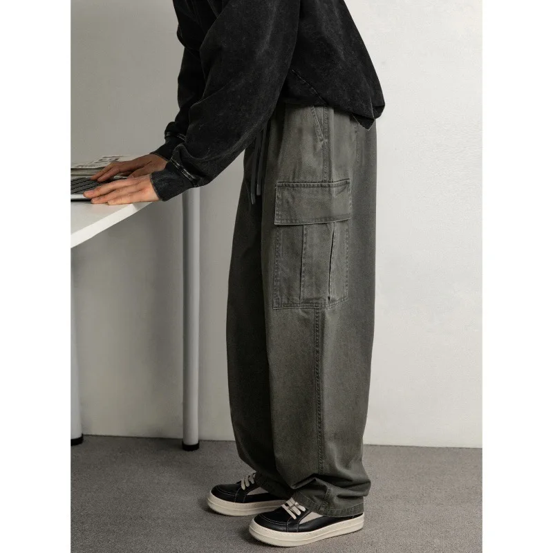 

New Double Pocket Vintage Casual Pants Spring Summer Straight Loose Textured Twill Pure Cotton Pulling Rope Tightness Pants V35X