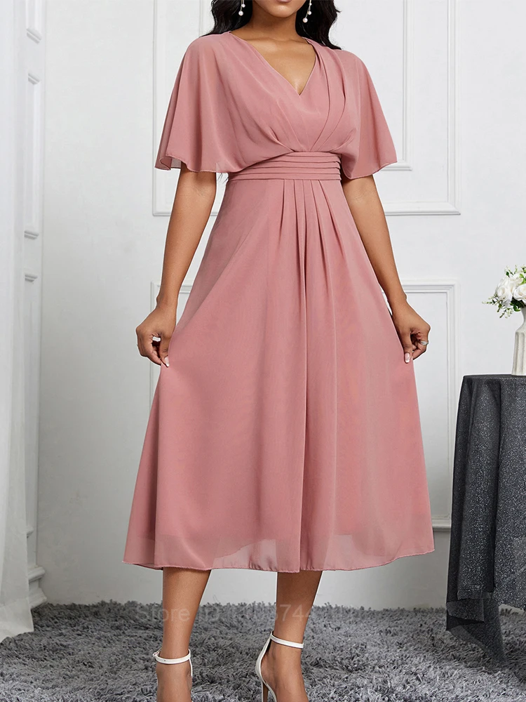 

2024 Women Summer Long Dresses Short Sleeves V Neck Solid Color Boho Elegant Vestidos Para Mujer