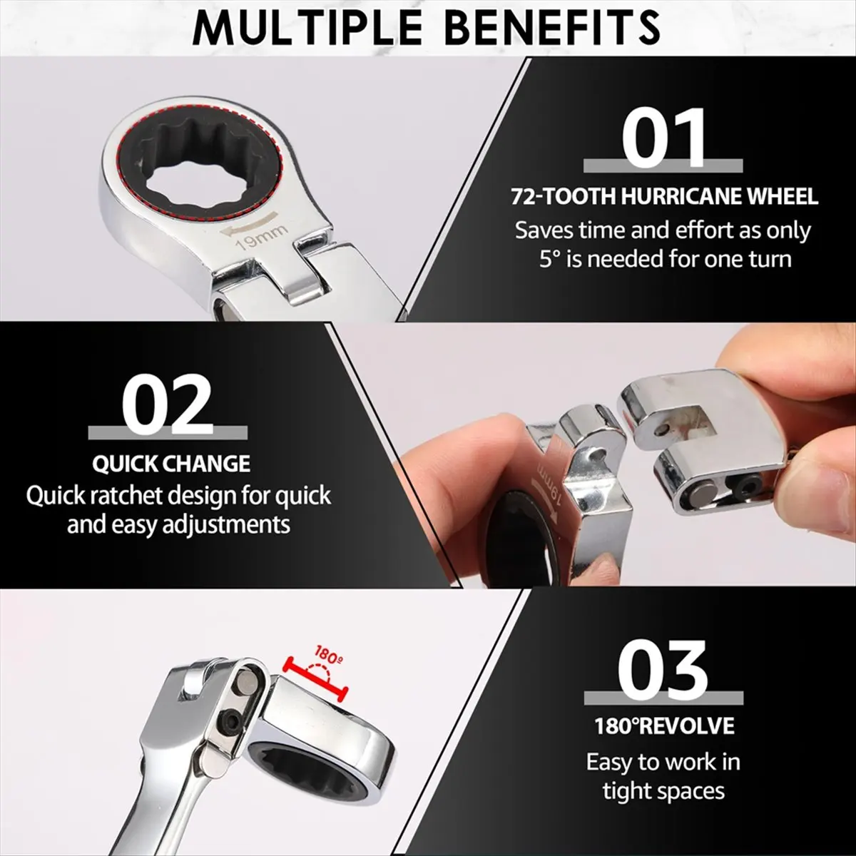 Top Sale Flex Head Ratcheting Wrench Set, 8-19mm Metric Ratchet Wrench Tool with Interchangeable Heads & Storage