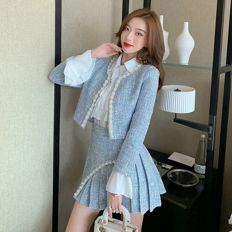 

2023 Vintage Blazer Coat Two Piece Skirt Set Women Solid Elegant Casual Jacket + Mini Skirt Female Korean Fashion Y2K Skirt Set