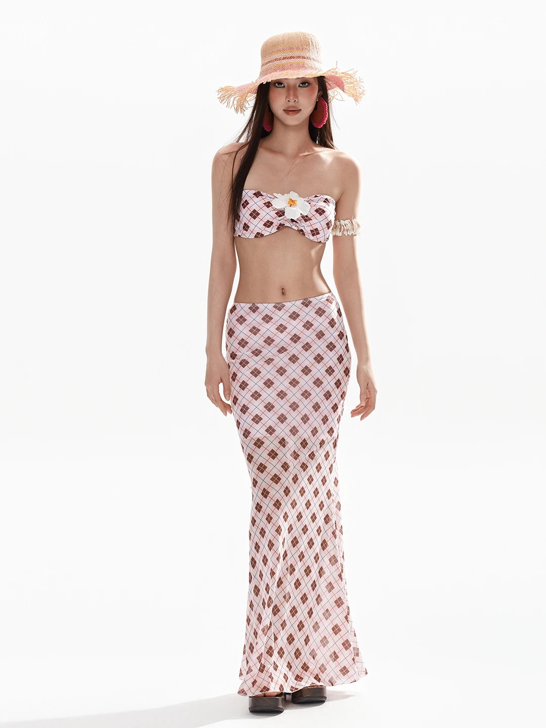 Loka Art 2026 New Hibiscus Flower Beautiful Island Vacation Bikini Net Long Dress Slimming Belly Covering Swimsuit Women